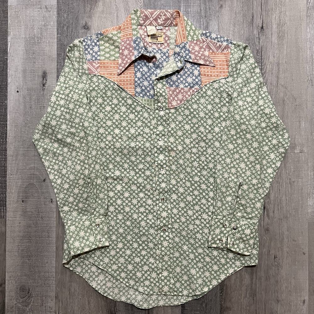 VTG 70s Montgomery Ward Patchwork Pearl Snap Western Shirt Cotton Pinwheel M/L